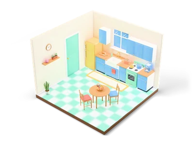 Isometric retro kitchen with cream walls, yellow fridge, blue cabinets, white farmhouse sink, mint stove and mint checkerboard floor
