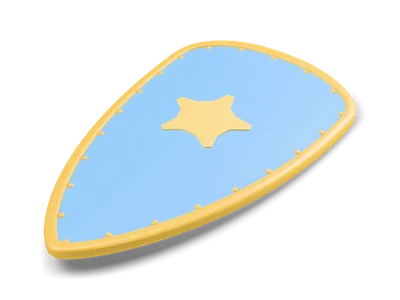 Stylized sky-blue kite shield with a yellow star in the center and a gold riveted rim, lying flat