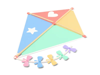 Diamond kite with red, yellow, blue and green panels, a white heart and star and a tail of pastel fabric bows