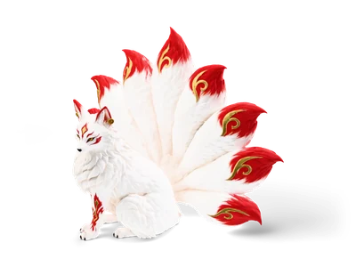 White nine-tailed kitsune fox sitting upright, tails fanned out with red flame-shaped tips and gold swirls