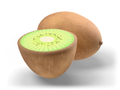 Stylized brown kiwi next to a kiwi half with green flesh and a ring of black seeds