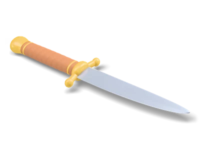 Stylized hunting knife with an iron blade, gold crossguard with ball ends, brown leather grip and gold pommel