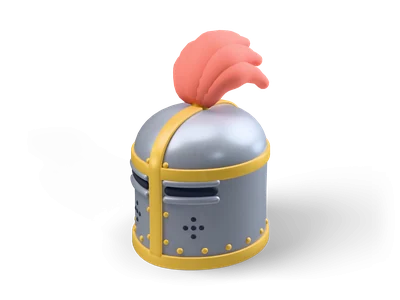 Stylized gray iron knight helmet with gold bands and rivets, dark eye slit and a coral plume on top
