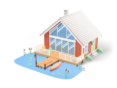 Red Scandinavian lake house with large glass gable, wooden deck and jetty with a coral canoe on blue water