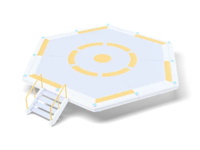 Raised hexagonal landing pad with yellow bullseye markings, cyan edge lights, support legs and a staircase