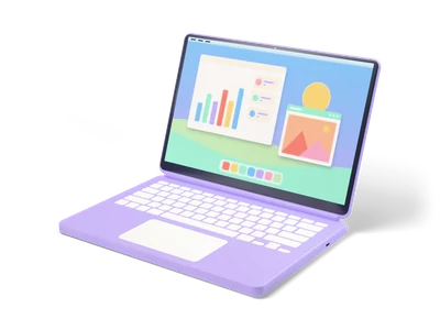 Open lavender laptop with a pastel desktop showing a bar chart window and a photo window, cream keys and trackpad