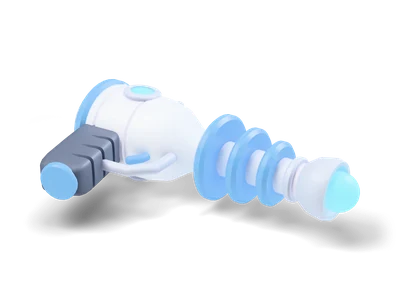Stylized white retro ray gun with sky-blue rings, a dark ribbed grip and a glowing cyan orb at the muzzle