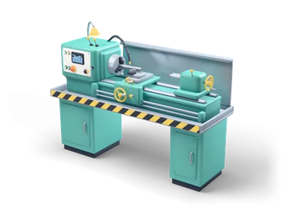 Teal metal lathe with steel chuck, yellow hand wheels and a hazard striped chip tray on two cabinet stands