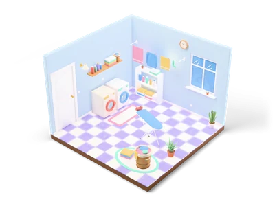 Isometric laundry room with washer and dryer, clothesline with towels, ironing board and lavender checkerboard floor