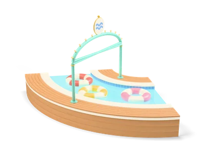 Gebogene geflieste Rinne mit türkisem Wasser, drei gestreiften Schwimmreifen, Holzufern und mintfarbenem Lichterbogen mit Wellenschild