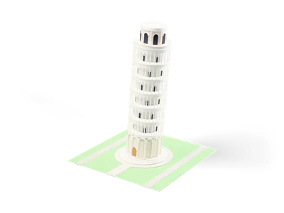 Torre inclinada de Pisa de mármol blanco con galerías de columnas superpuestas, inclinada sobre una plataforma redonda en un césped verde