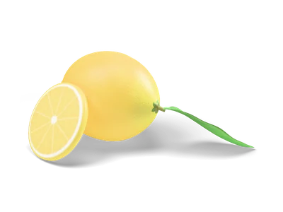 Stylized yellow lemon with a green leaf and a lemon slice leaning against it