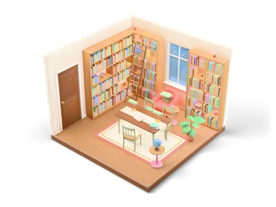 Isometric library room with tall bookshelves on two walls, rolling ladder, long reading table with green lamps and coral rug