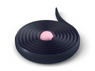 Black licorice wheel with a pink sugar bead in the center and a loose ribbon end