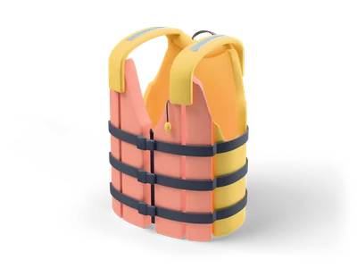 Coral and yellow life jacket standing upright with black straps, black buckles and grey reflective stripes on the shoulders