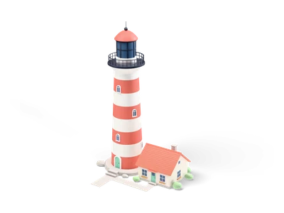 Stylized red-and-white striped lighthouse with a black gallery and a small orange-roofed cottage on rocks