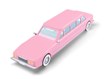 Long pink stretch limousine with many side windows, chrome grille and bumpers and whitewall tires