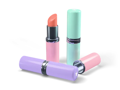 Three pastel lipsticks, one open with a coral bullet, one closed mint and one lavender lying down