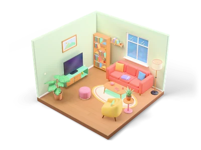 Isometric living room with sage walls, coral sofa under the window, coffee table on round rug, TV lowboard and bookshelf