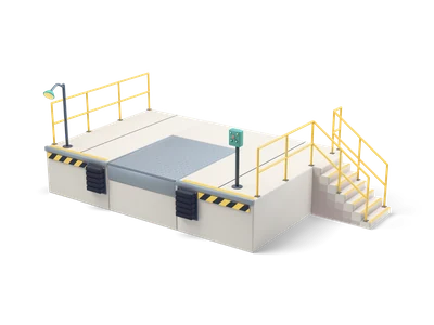 Grey concrete loading dock with a steel tread plate bridge, black bumpers, hazard stripes and yellow railings