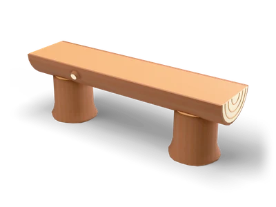 Wooden bench made from a halved log with a light flat seat resting on two short brown log stumps