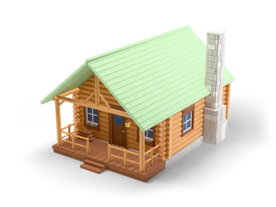 Honey-coloured log cabin with mint green gable roof, stone chimney and a covered front porch with railings