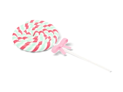 Flat swirl lollipop with cherry, white and mint stripes on a white stick with a pink bow