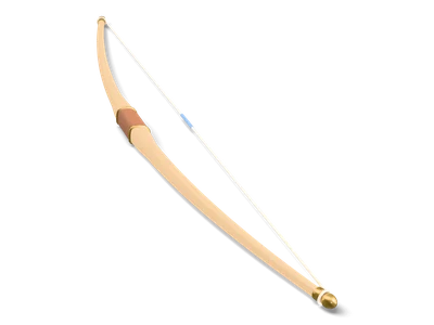 Stylized longbow lying flat with pale ash limbs, a ribbed leather grip between brass rings, brass nocks at the tips and a cream string with a blue center serving