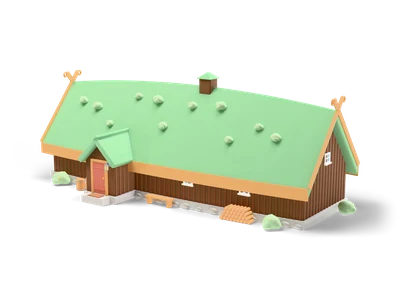 Long dark wooden Nordic hall with bowed walls, green turf roof with wildflowers, crossed gable boards and small red-door porch