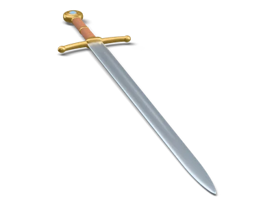 Stylized longsword lying flat with a slender steel blade, wide brass crossguard, long leather grip with brass rings and a sun pommel with a blue gem