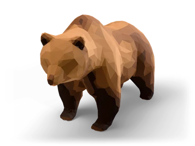 Facettierter Low-Poly-Braunbär auf allen vieren mit gesenktem Kopf, flach schattiert in dunklen und hellen Brauntönen