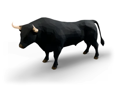 Facettierter schwarzer Low-Poly-Stier, seitlich stehend, mit muskulösem Nackenbuckel und hellen, geschwungenen Hörnern