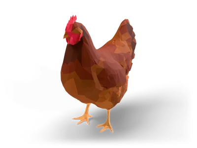 Facettierte Low-Poly-Henne in Rostbraun mit rotem Kamm und Kehllappen, aufgestellten Schwanzfedern und gelben Füßen