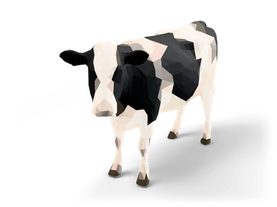 Facettierte schwarz-weiße Low-Poly-Milchkuh, stehend, mit rosa Maul und seitlich abstehenden Ohren