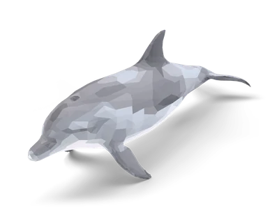 Facettierter grauer Low-Poly-Delfin beim Schwimmen mit ausgebreiteten Brustflossen und hellem Bauch