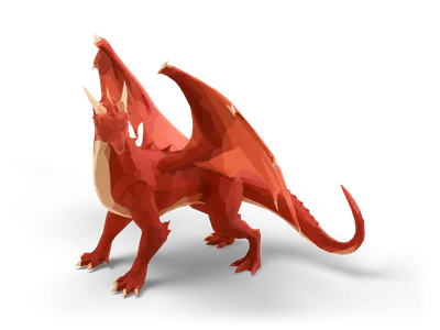 Faceted low poly red dragon standing on four legs with raised wings, pale horns and a cream belly