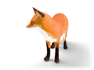 Facettierter Low-Poly-Rotfuchs, stehend, mit orangem Fell, weißer Brust, schwarzen Beinen und weißer Schwanzspitze