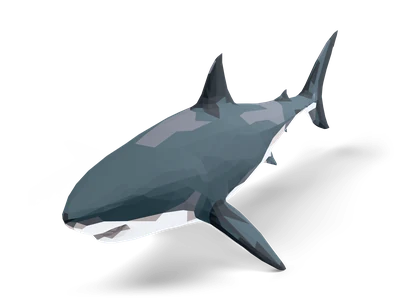 Facettierter Low-Poly-Weißhai mit grauem Rücken, weißem Bauch und leicht geöffnetem Maul mit Zähnen