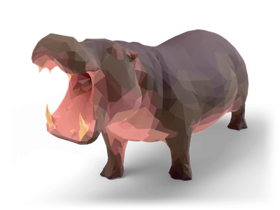 Facettiertes Low-Poly-Nilpferd, stehend, mit weit geöffnetem Maul, rosa Gaumen und langen Hauern