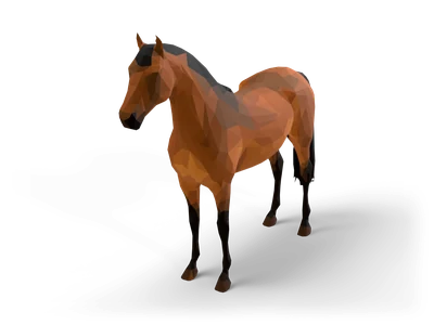 Facettiertes Low-Poly-Pferd (Brauner) mit kastanienbraunem Fell, schwarzer Mähne, Schweif und dunklen Beinen