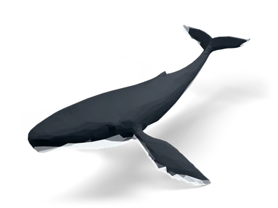 Facettierter Low-Poly-Buckelwal beim Schwimmen mit langen, weiß gesäumten Flippern, dunklem Rücken und heller Kehle