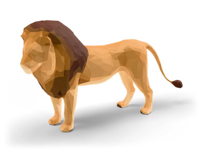 Facettierter Low-Poly-Löwe, seitlich stehend, mit dunkelbrauner Mähne, gelbbraunem Körper und Schwanzquaste