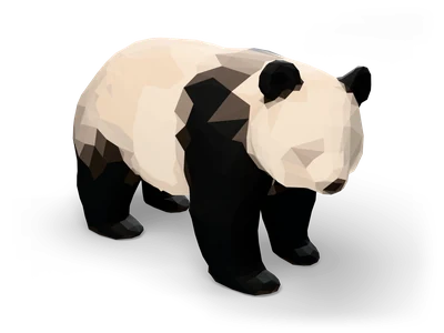 Facettierter Low-Poly-Panda auf allen vieren mit schwarzen Beinen, Ohren und Augenflecken auf weißem Körper