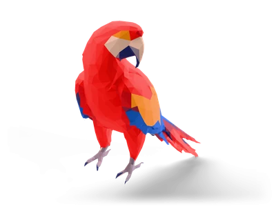 Facettierter Low-Poly-Ara in Rot mit gelben und blauen Flügelbändern, Kopf über die Schulter gedreht