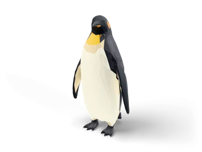 Facettierter Low-Poly-Kaiserpinguin, aufrecht, mit schwarzem Rücken, weißem Bauch und goldgelbem Halsfleck