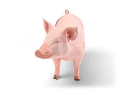 Facettiertes rosa Low-Poly-Schwein, stehend, mit großen Schlappohren, runder Schnauze und Ringelschwanz