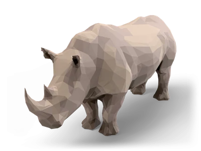 Facettiertes graues Low-Poly-Breitmaulnashorn, stehend, mit gesenktem Kopf, großem Vorderhorn und kleinerem Horn