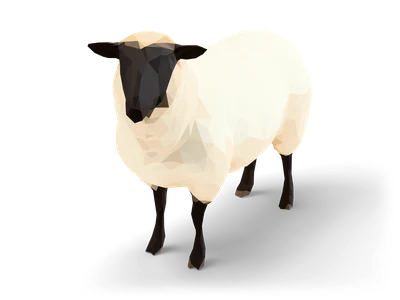 Facettiertes Low-Poly-Schaf mit schwarzem Gesicht, Hängeohren, dunklen Beinen und dichtem cremefarbenem Vlies