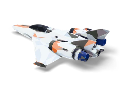 Flat-shaded low poly starfighter in white with grey and black facets, swept wings, twin fins and blue nozzles
