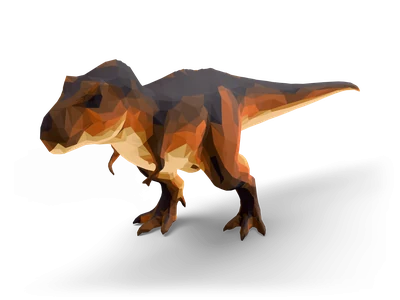 Faceted low poly T-Rex in a walking pose with a dark brown striped back, pale belly and small arms